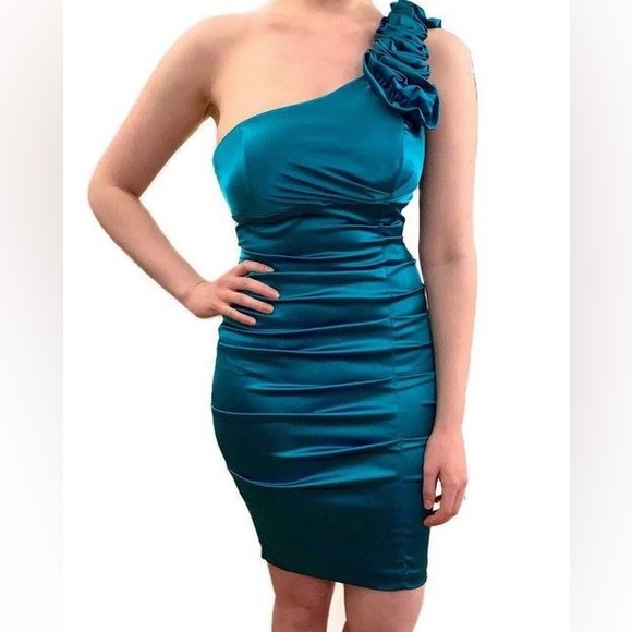 Xscape Dresses & Skirts - XScape One Shoulder Ruched Cocktail Bodycon Dress Turquoise
